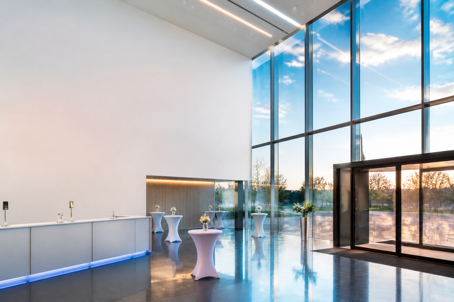 Helle Eventlocation mit Empfangsbereich und Glasfront